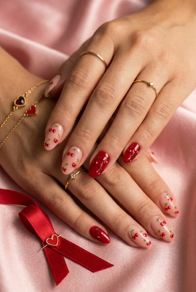 28 Trendy Red Cherry Nail Ideas That Look Playful and Chic 14 Cherry Heart Nails