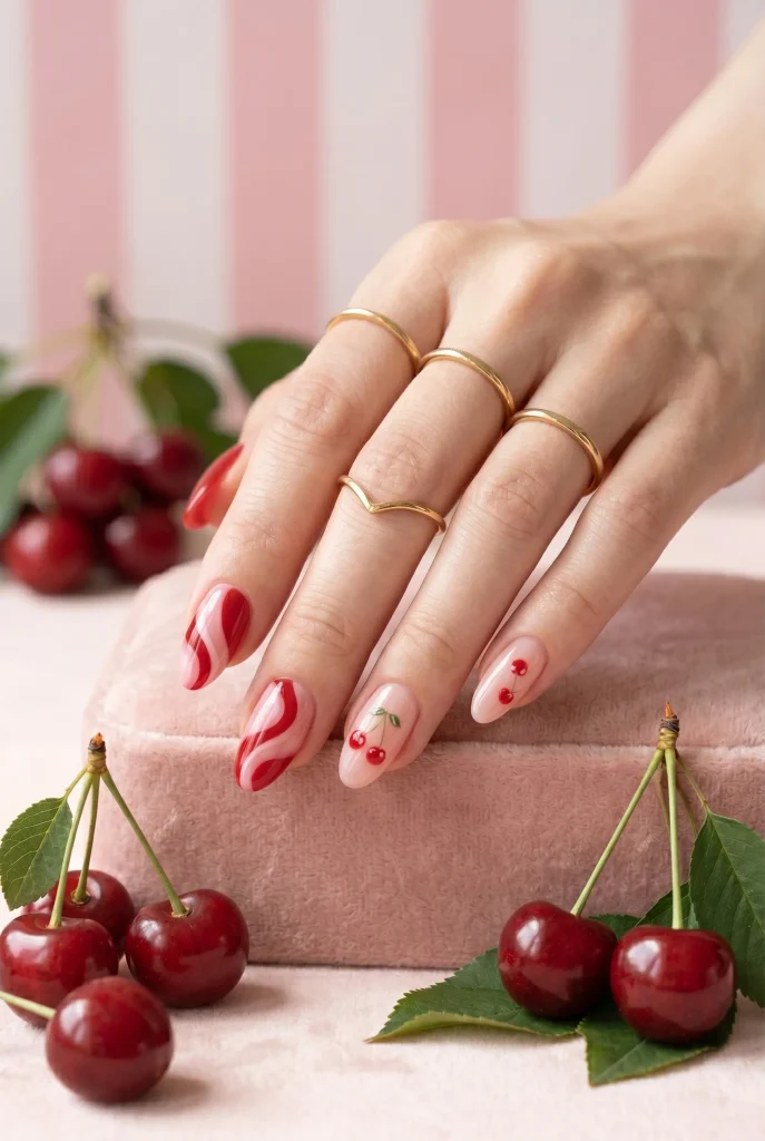 28 Trendy Red Cherry Nail Ideas That Look Playful and Chic 21 Cherry Swirl Nails
