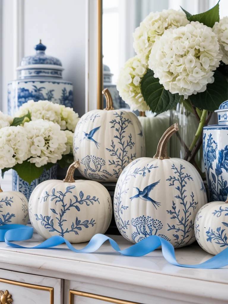 28 Pumpkin Painting Ideas That Look Creative, Cute, and Easy to Copy 14 Chinoiserie Blue and White Pumpkins