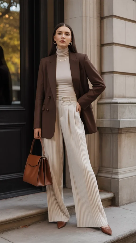 31 Old Money Fall Outfits That Look Effortlessly Expensive 7 Chocolate Brown Blazer Ivory Turtleneck Wide Leg Trousers and Pumps