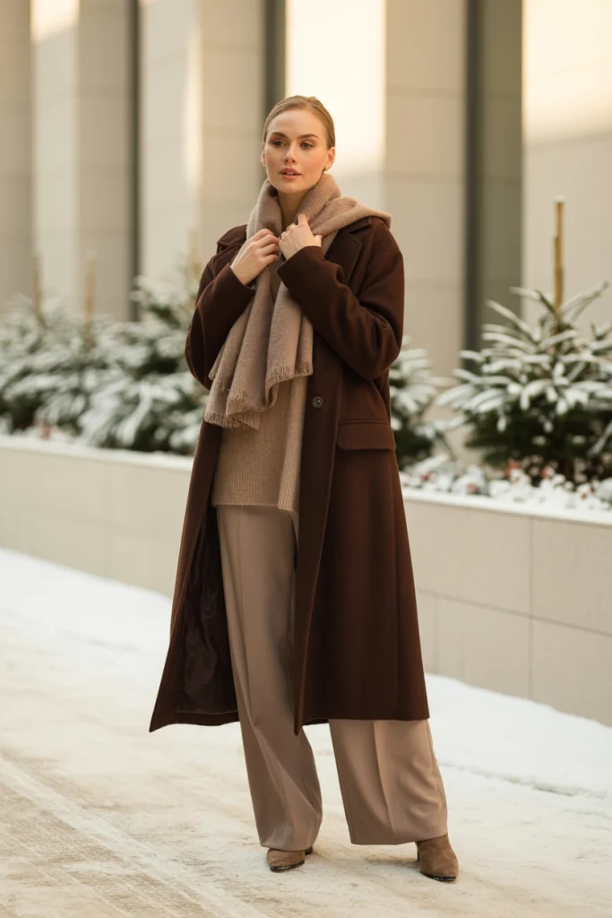 Chocolate Brown Coat with Beige Knit Layers