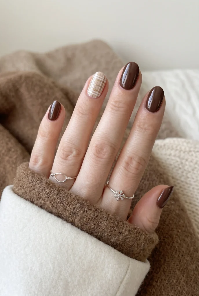 Chocolate Plaid Accent Nails