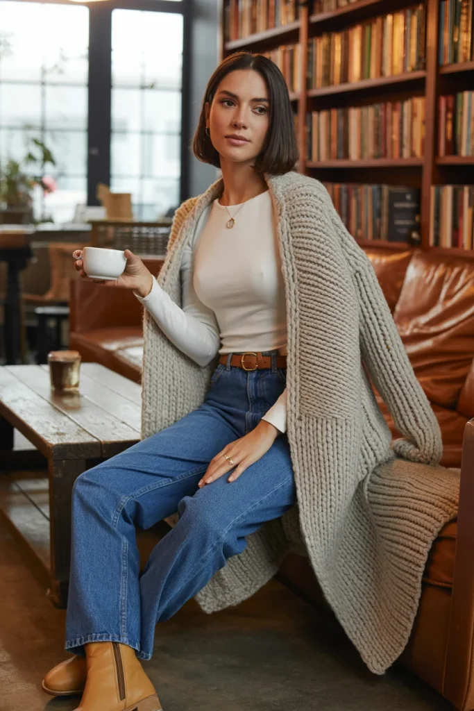 33 Winter Date Outfits That Feel Romantic, Warm, and Stunning 16 Chunky Cardigan Straight Jeans and Ankle Boots