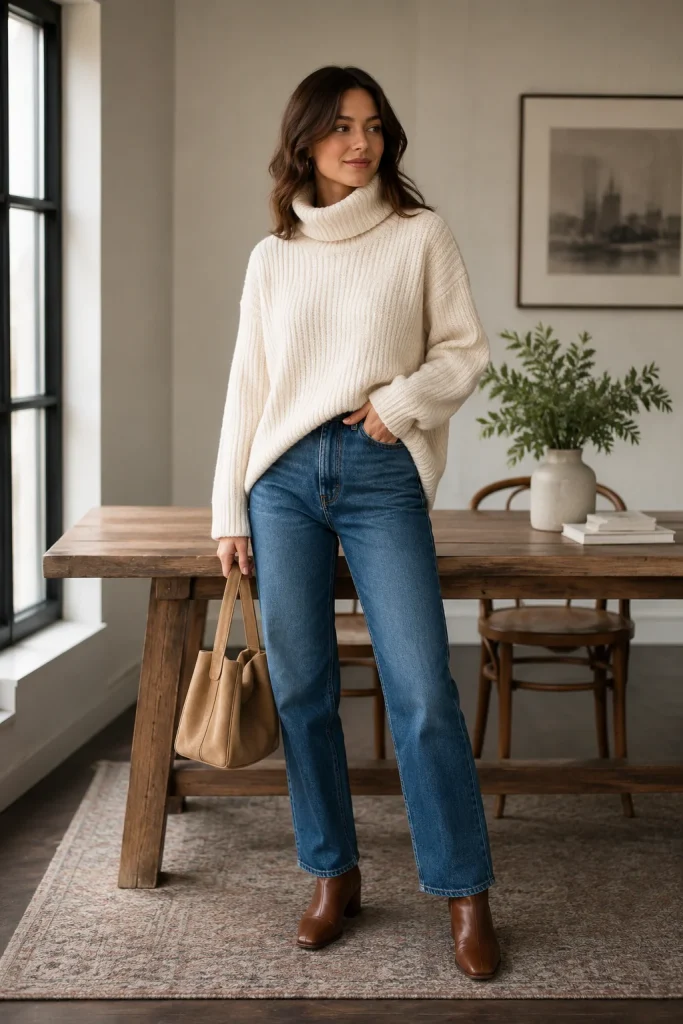Chunky Cream Sweater with Straight Jeans