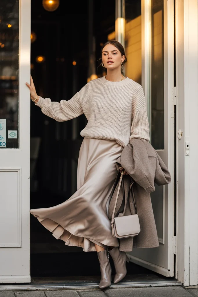 33 Winter Date Outfits That Feel Romantic, Warm, and Stunning 6 Chunky Knit Sweater and Satin Midi Skirt