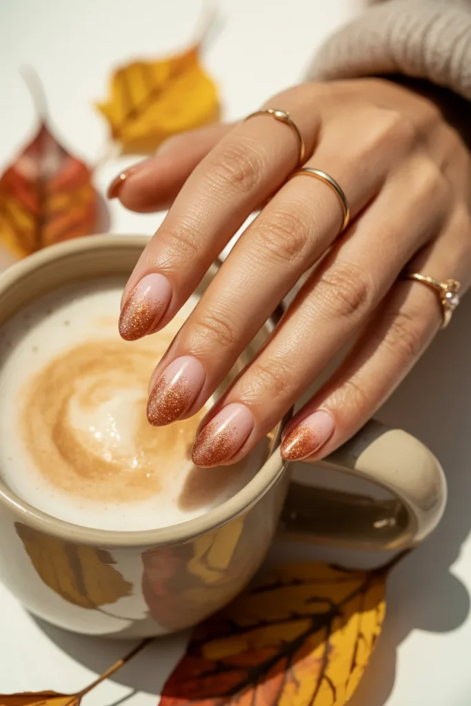 31 October Nail Ideas for Cozy, Spooky, and Classy Fall Vibes 17 Copper Glitter Gradient