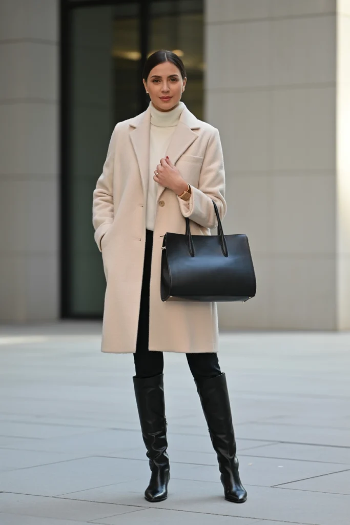 Cream Coat Black Leggings and Tall Boots
