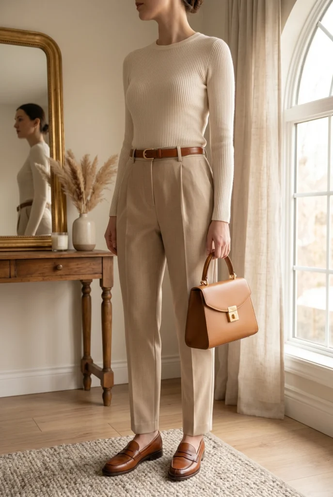 Cream Knit Top and Tailored Trousers
