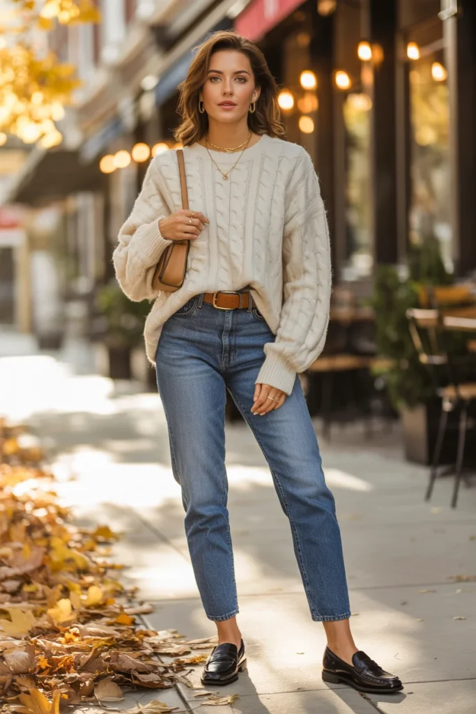 34 Casual Fall Outfits That Look Laid-Back, Chic, and Easy to Copy 3 Cream Sweater Straight Jeans and Loafers