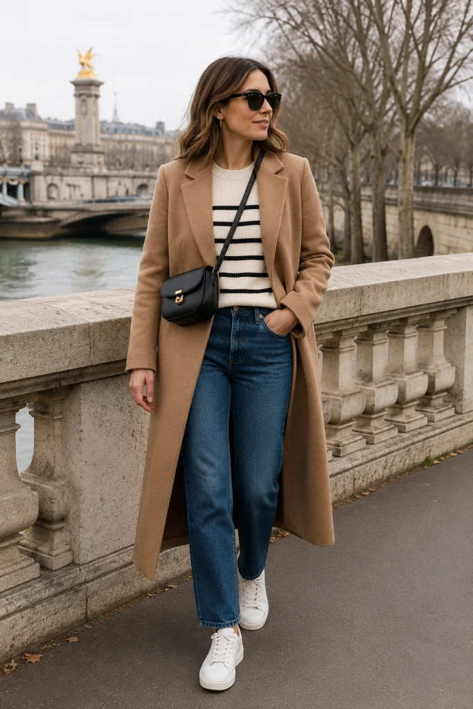 Crossbody Bag Sneakers and a Long Wool Coat