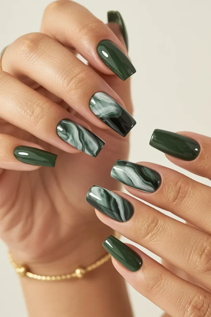31 Dark Green Nail Designs That Look Moody, Luxe, and So Chic 10 Dark Green Marble Nails