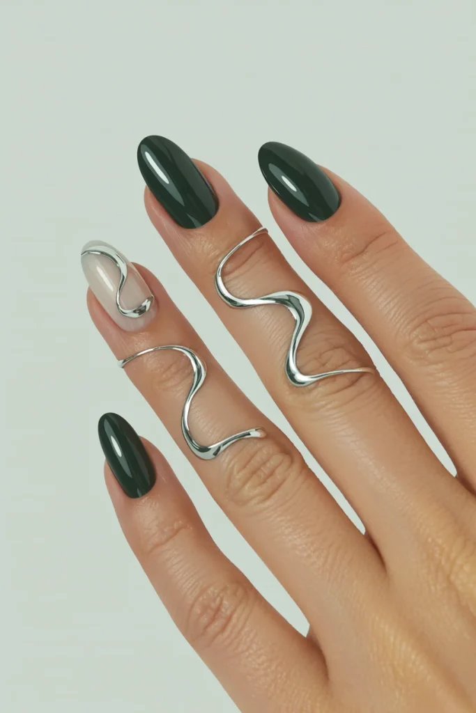 31 Dark Green Nail Designs That Look Moody, Luxe, and So Chic 24 Dark Green with Silver Chrome Lines
