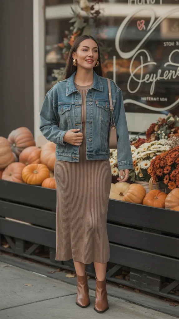 28 Chic and Cozy Fall Outfits You’ll Want to Copy This Season 13 Denim Jacket With a Knit Midi Dress