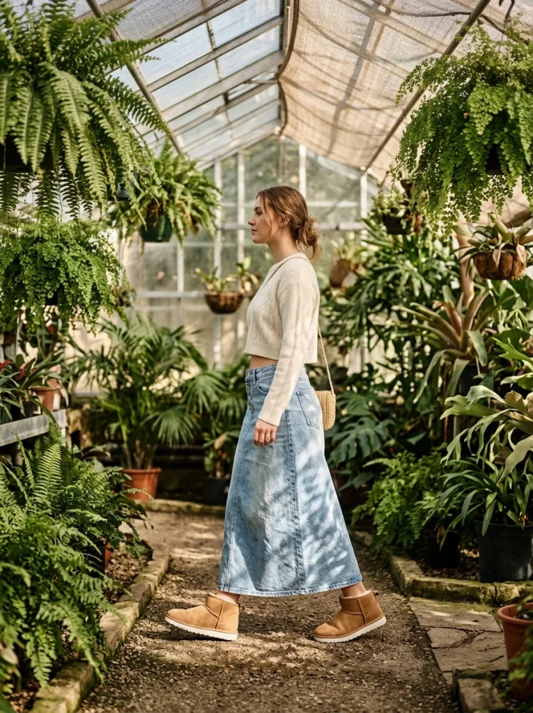 33 Ugg Outfit Ideas That Are Cozy, Cute, and Easy to Wear 35 Denim Maxi Skirt Cropped Sweater and Mini Uggs