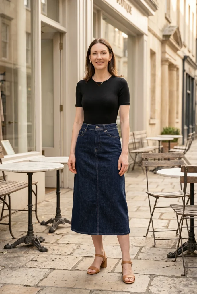 Denim Midi Skirt and Fitted Bodysuit