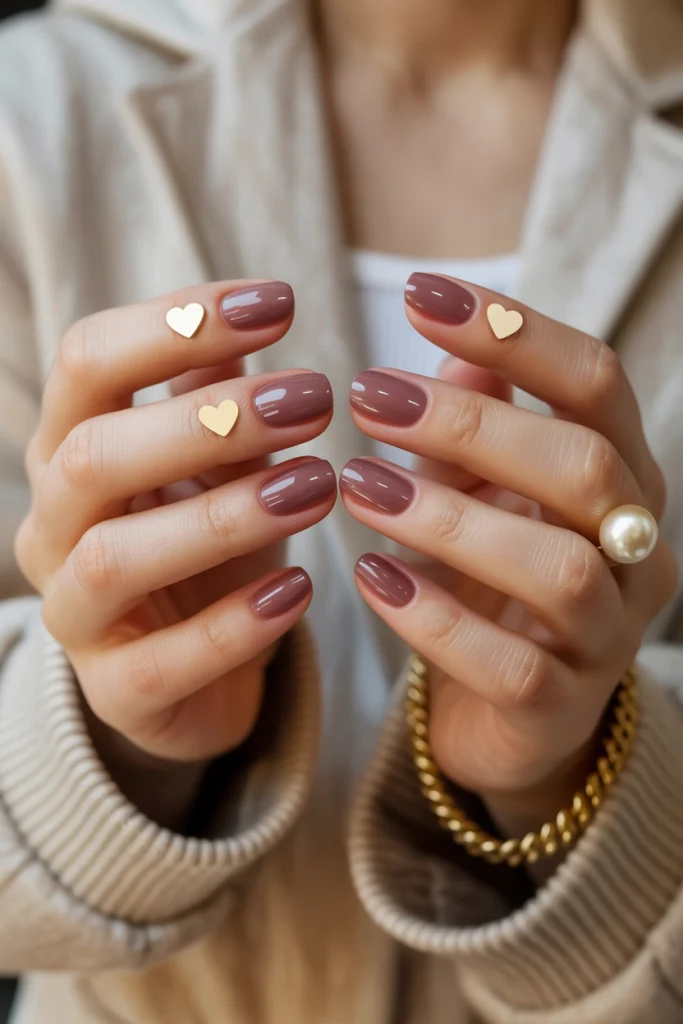 Dusty Mauve Nails With Tiny Hearts