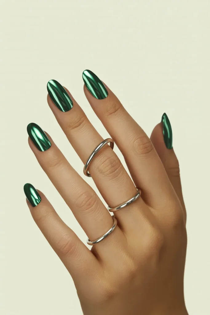 31 Dark Green Nail Designs That Look Moody, Luxe, and So Chic 7 Emerald Chrome Nails