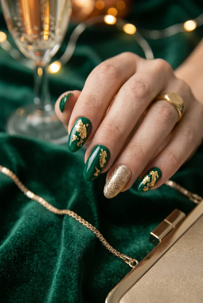 Emerald and Gold New Years Nails