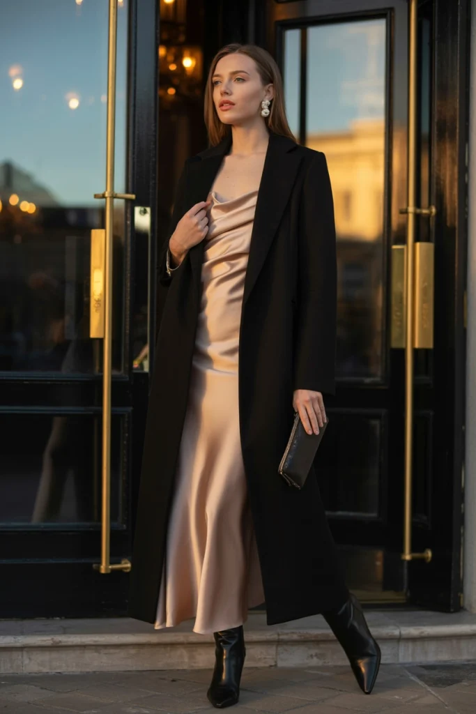 Evening Coat Satin Slip Dress and Pointed Boots
