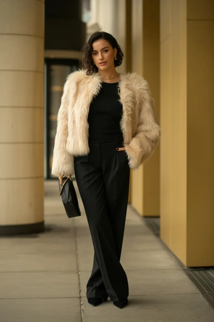 33 Winter Date Outfits That Feel Romantic, Warm, and Stunning 10 Faux Fur Jacket and Wide Leg Trousers