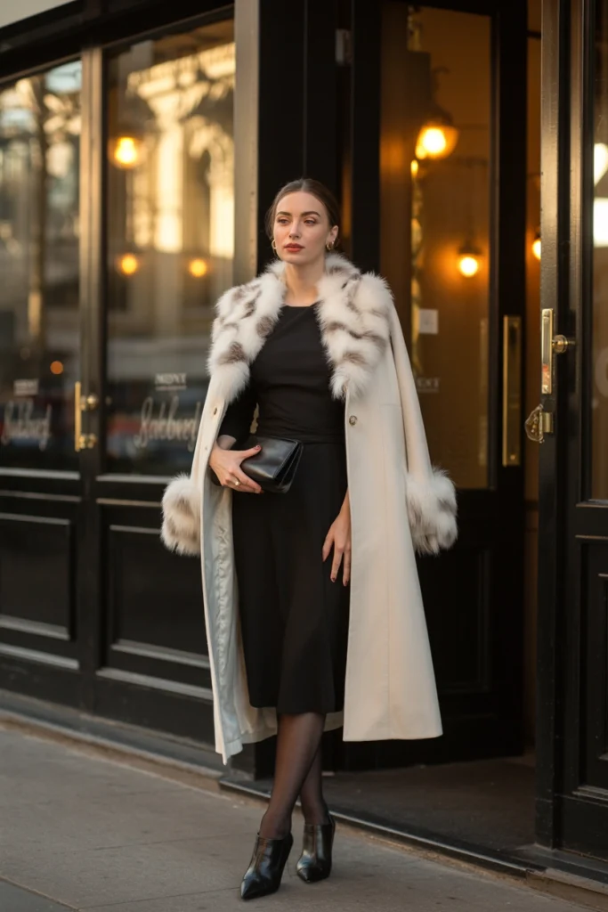 Faux Fur Trimmed Coat and Black Dress