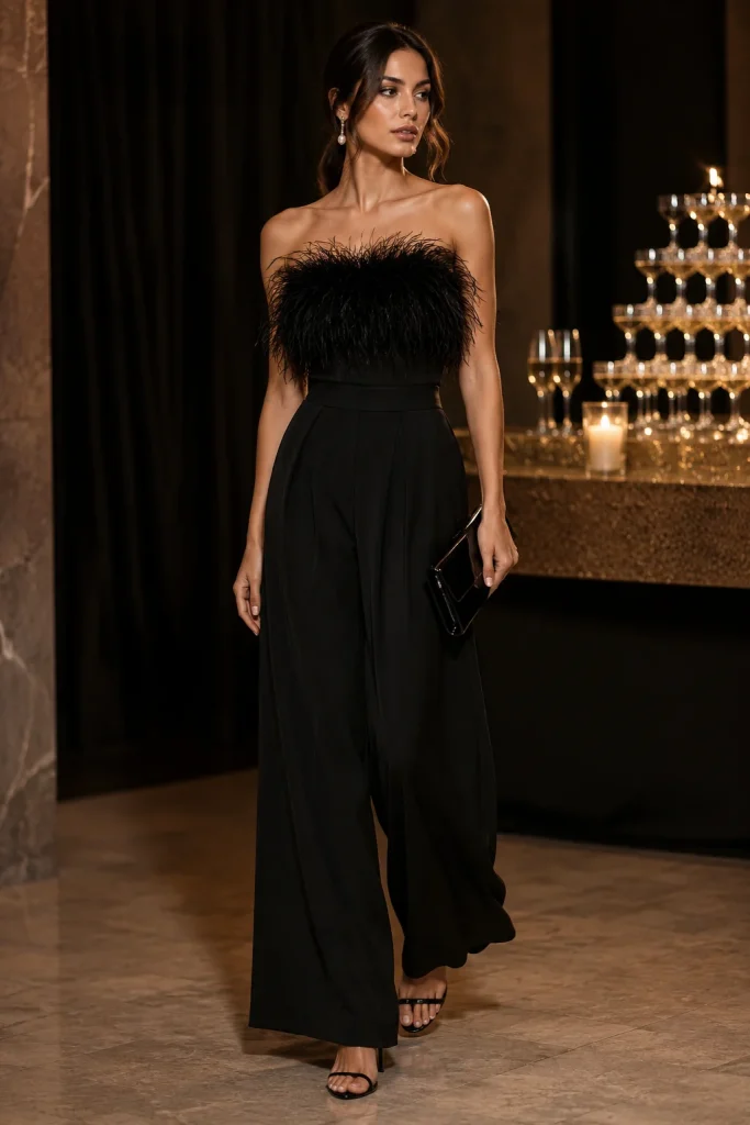 Feather Trim Top with Wide Leg Trousers