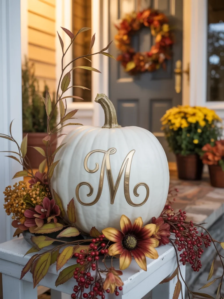 28 Pumpkin Painting Ideas That Look Creative, Cute, and Easy to Copy 26 Floral Monogram Pumpkin