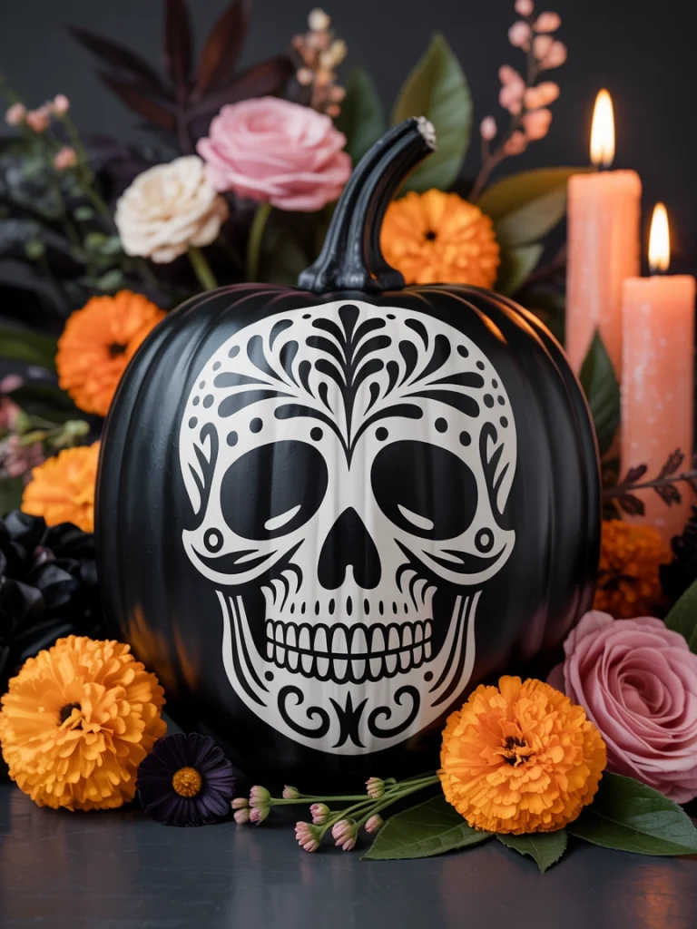 28 Pumpkin Painting Ideas That Look Creative, Cute, and Easy to Copy 32 Floral Skull Pumpkin