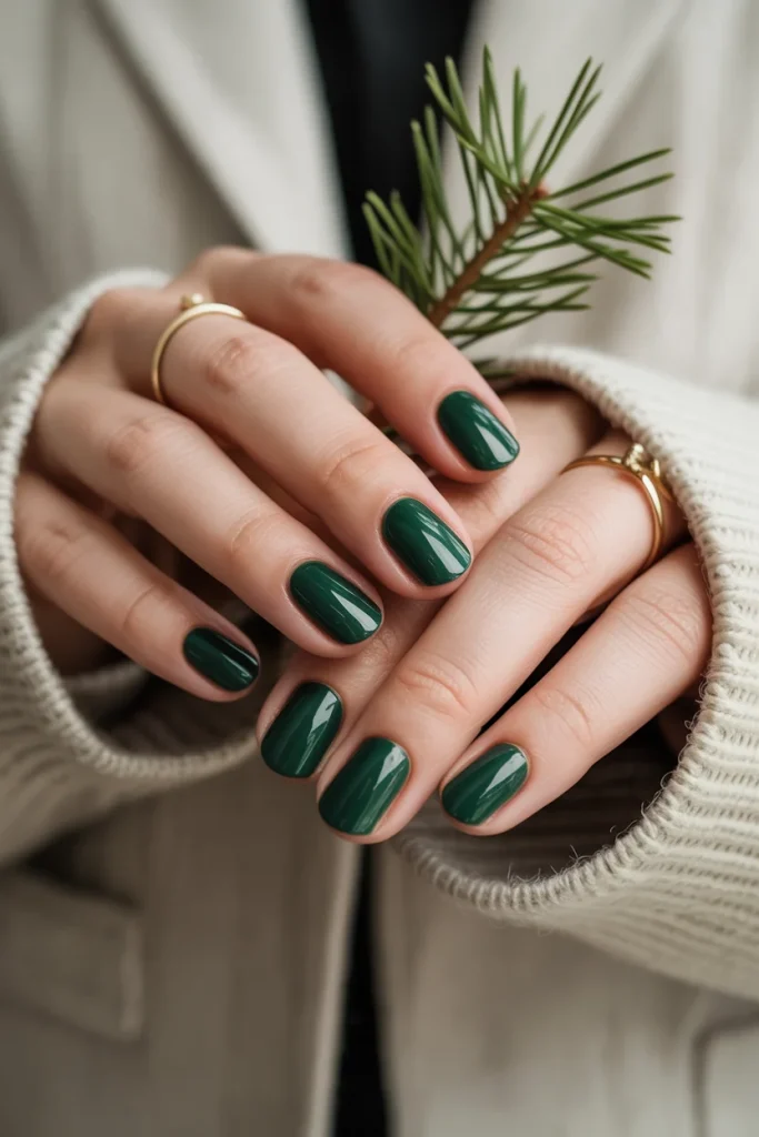 33 Short Nail Design Ideas for Winter That Look Chic, Cozy, and Simply Stunning 12 Forest Green Glossy Nails