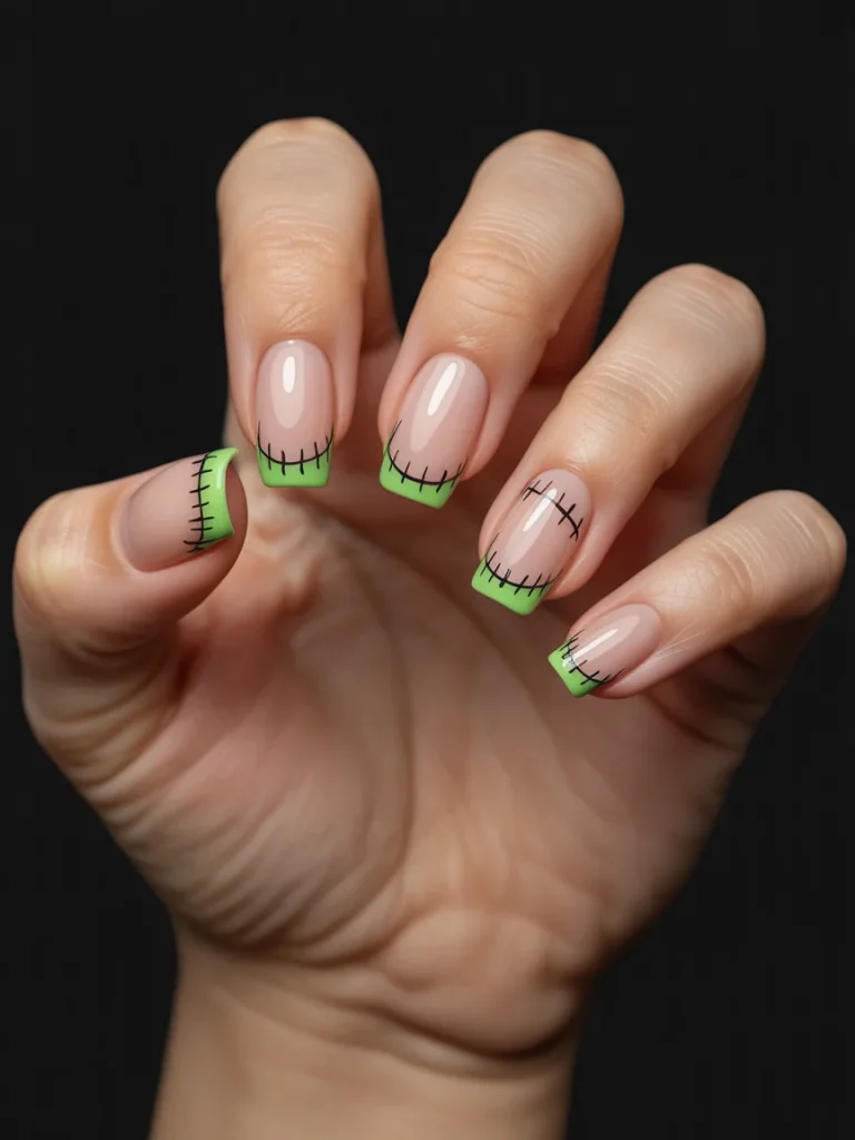 30 Halloween Nail Ideas That Are Spooky, Cute, and Actually Wearable 18 Frankenstein Stitch Nails