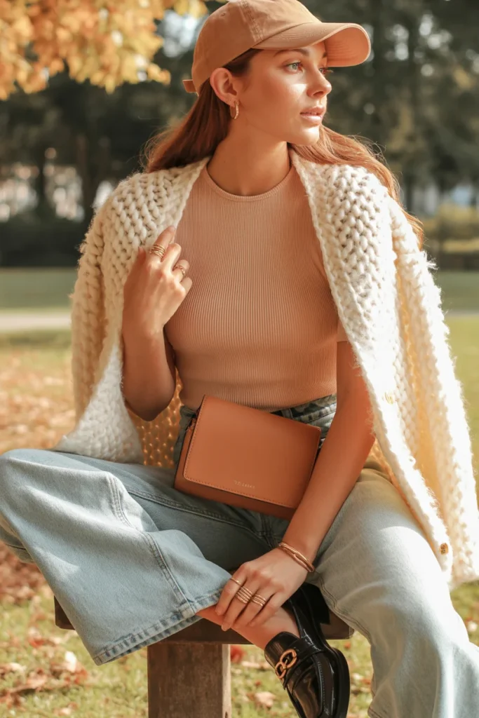 34 Casual Fall Outfits That Look Laid-Back, Chic, and Easy to Copy 13 Fuzzy Cardigan Ribbed Top and Light Jeans