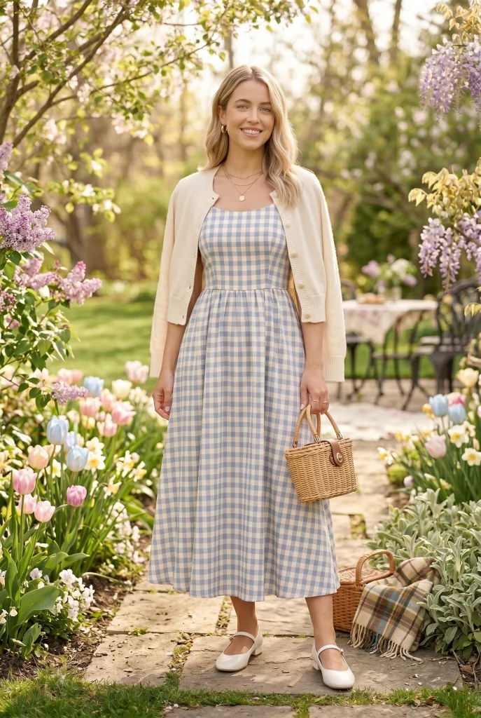 33 Chic Easter Outfit Ideas That Look Festive, Fresh, and Polished 19 Gingham Midi Dress with a Cardigan