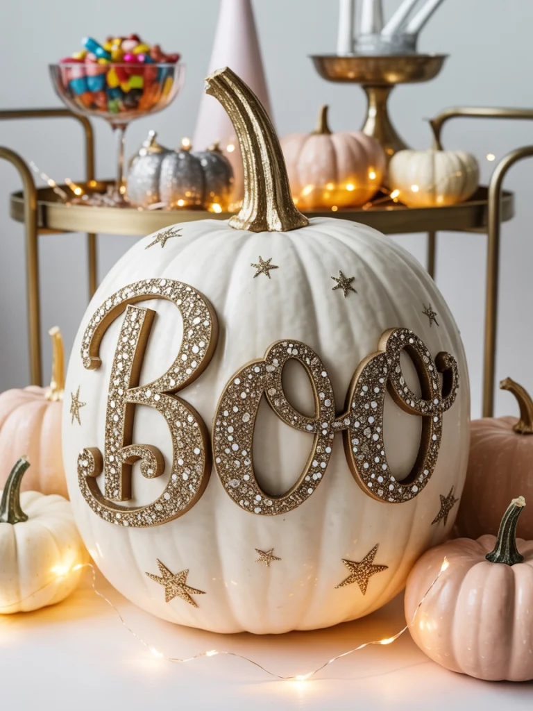 28 Pumpkin Painting Ideas That Look Creative, Cute, and Easy to Copy 17 Glitter Boo Pumpkin