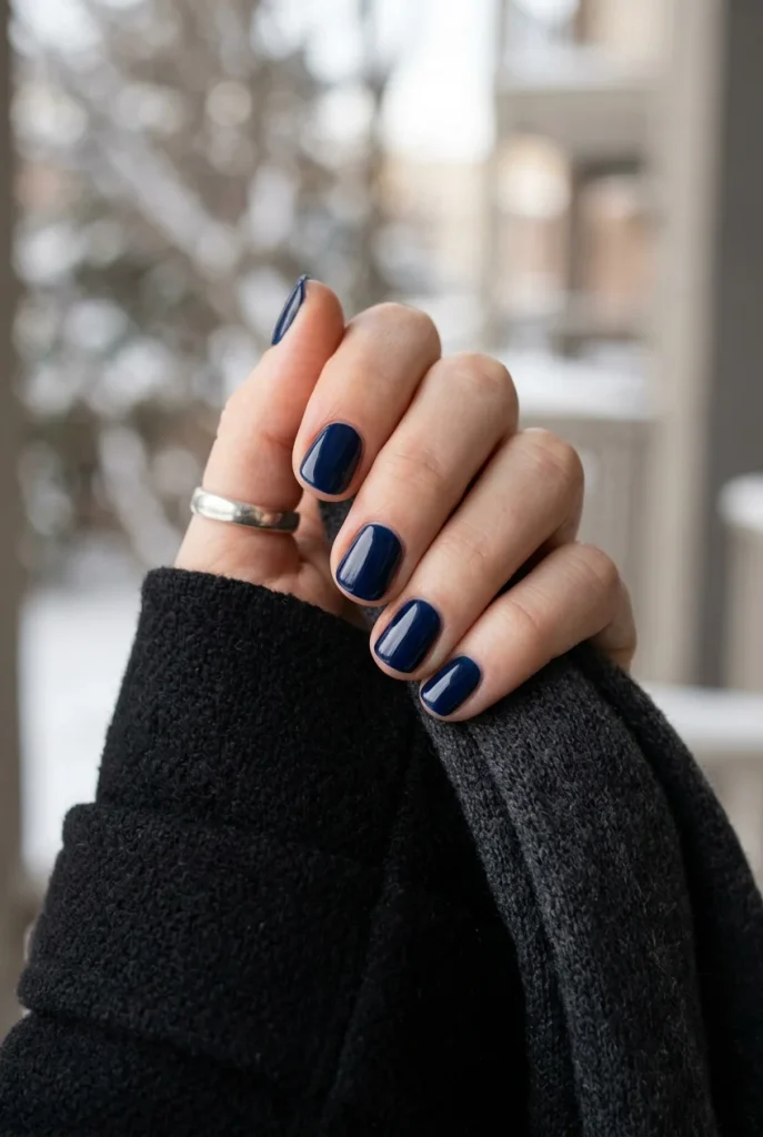 Glossy Navy Short Nails clean