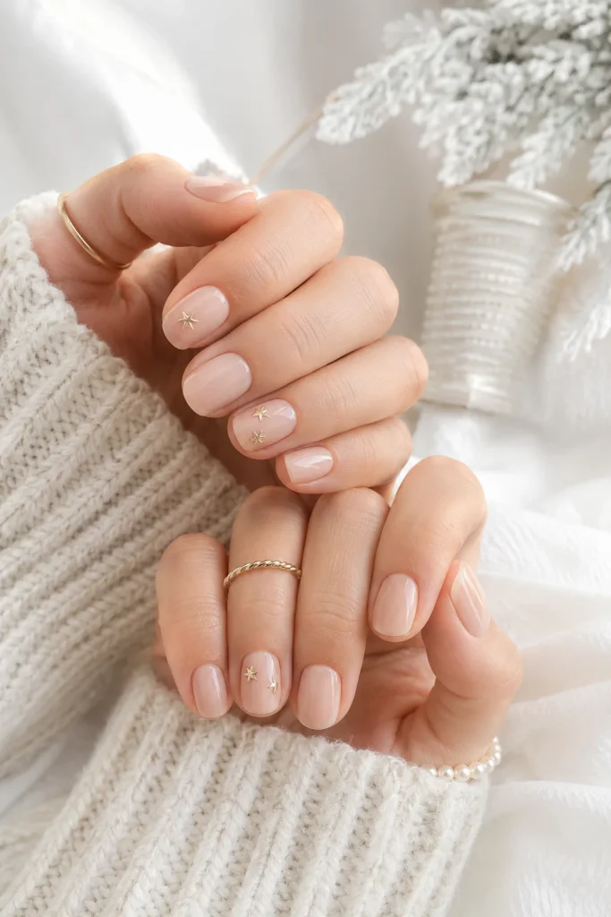 27 December Nail Ideas for Festive Winter Nails 9 Gold Star Nude Nails