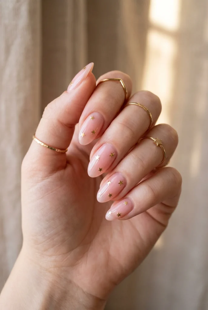 Gold Stars on Sheer Pink Nails