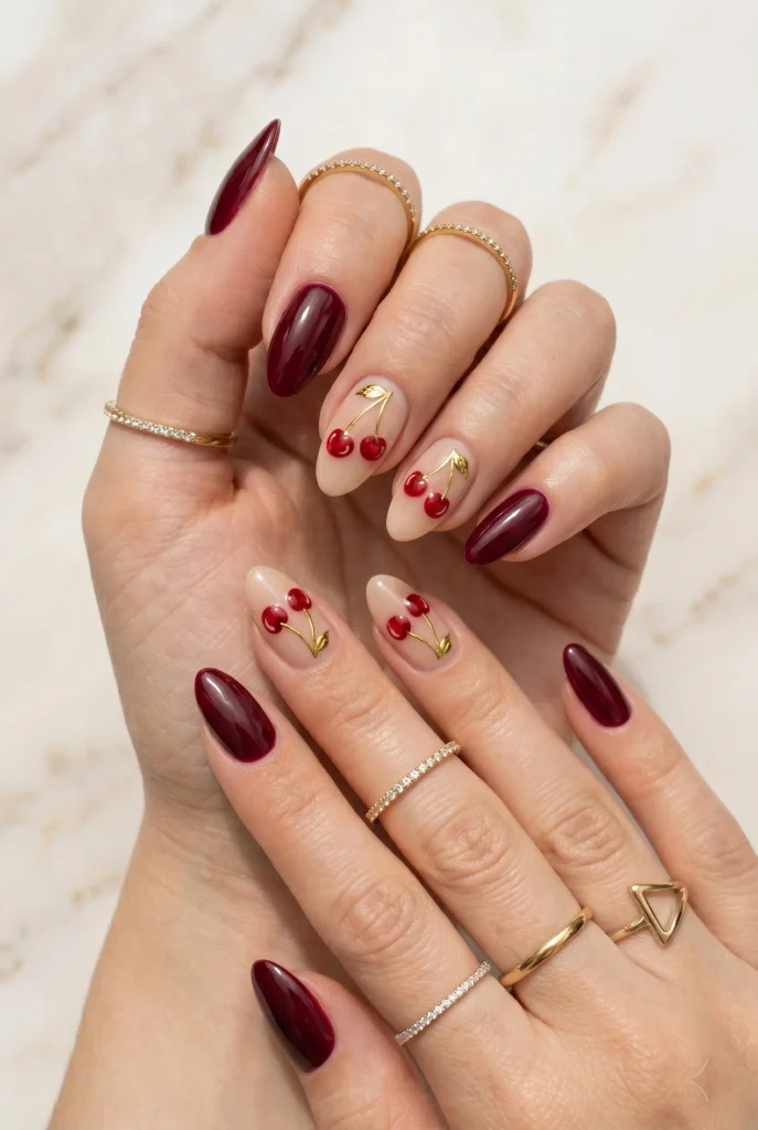 28 Trendy Red Cherry Nail Ideas That Look Playful and Chic 18 Gold Stem Cherry Nails