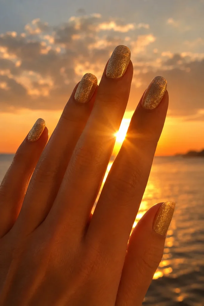 31 August Nail Ideas to Close Out Summer in Total Style 43 Golden Hour Shimmer Nails