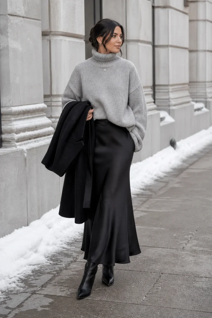 Gray Turtleneck with Black Maxi Skirt