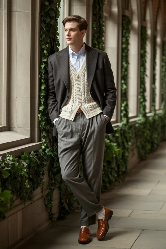 Gray Wool Blazer Knit Vest and Pleated Trousers