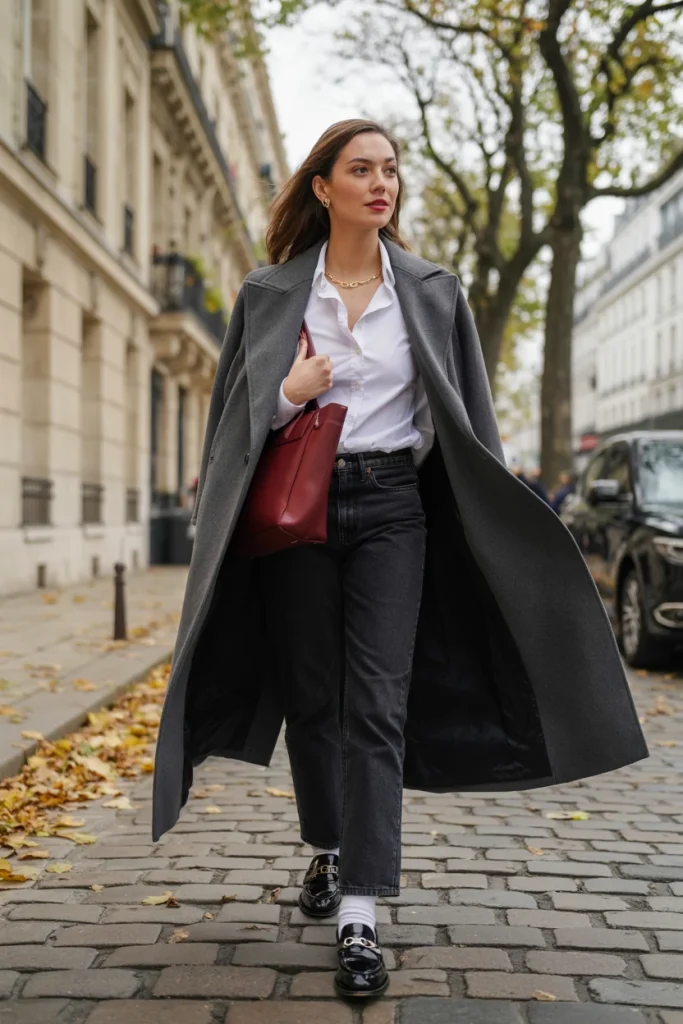 Gray Wool Coat with Loafers