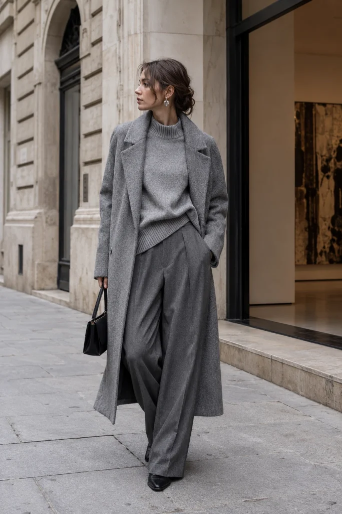 Grey Monochrome Coat Knit and Trousers