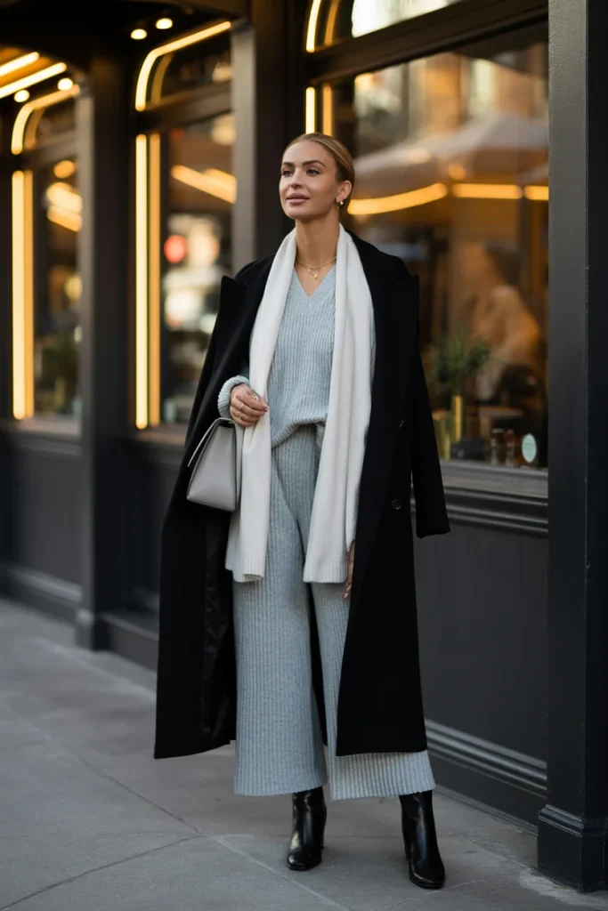 33 Winter Date Outfits That Feel Romantic, Warm, and Stunning 36 Knit Matching Set and Long Wool Coat