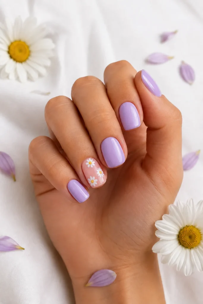29 Pastel Easter Nail Ideas That Look Sweet, Soft, and So Pretty 9 Lavender Daisy Nails