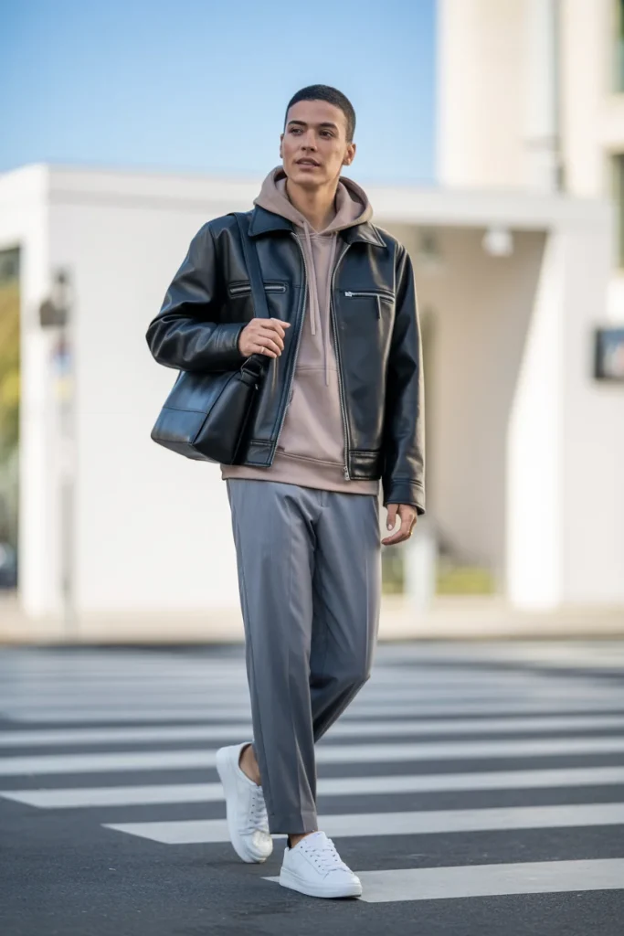 34 Casual Fall Outfits That Look Laid-Back, Chic, and Easy to Copy 10 Leather Jacket Hoodie and Gray Trousers