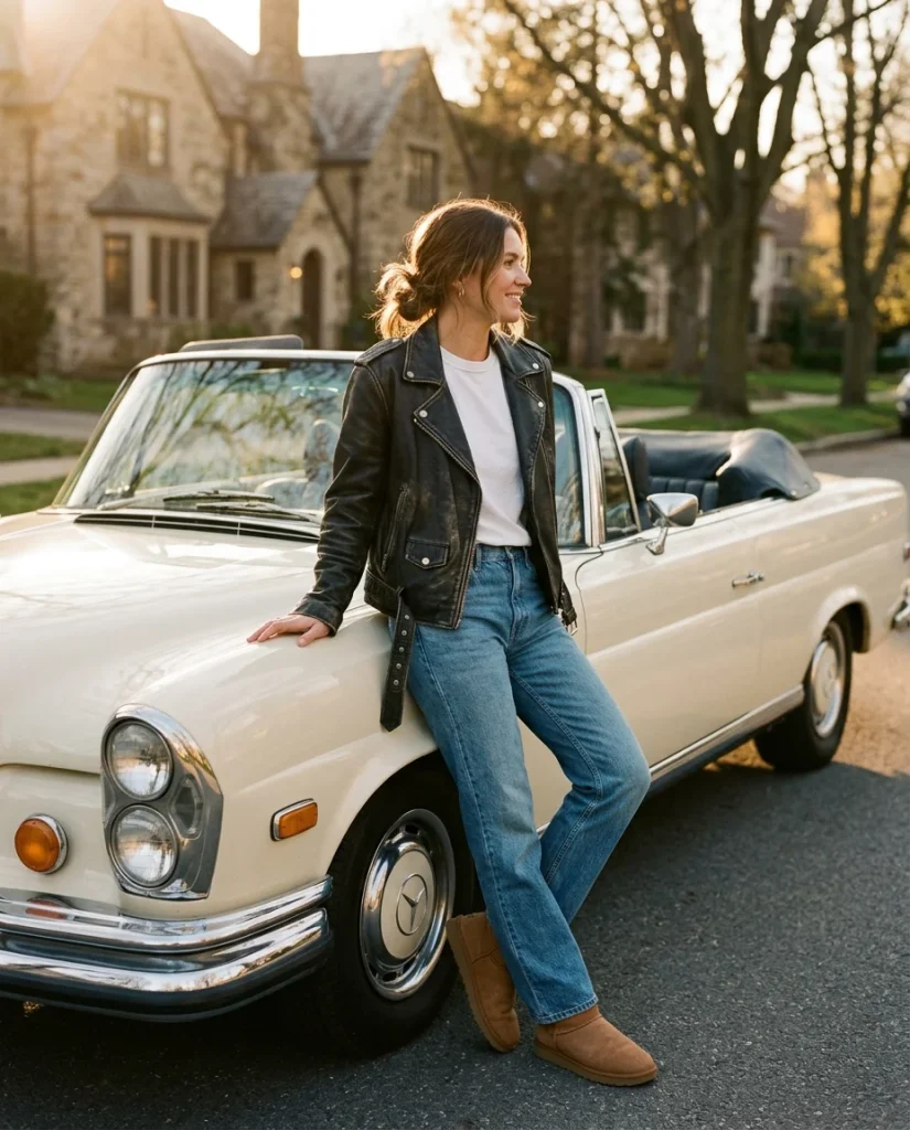 33 Ugg Outfit Ideas That Are Cozy, Cute, and Easy to Wear 19 Leather Jacket White Tee Relaxed Jeans and Uggs