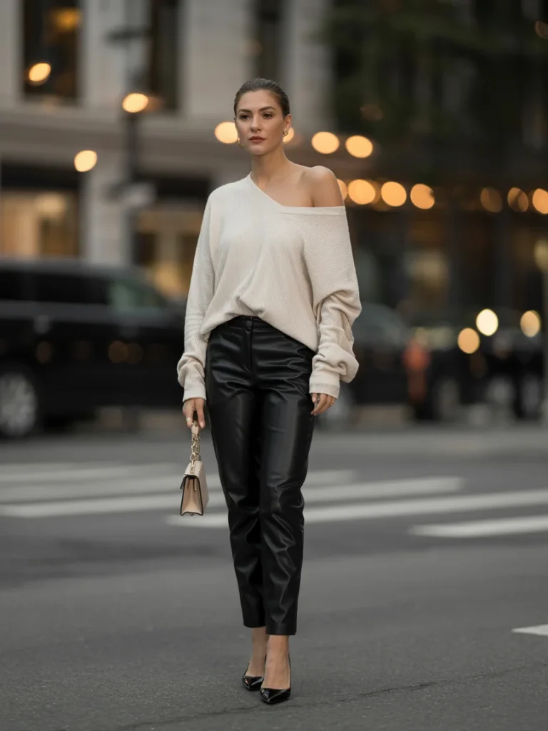 32 Fall Date Night Outfits That Feel Romantic, Cozy, and Chic 21 Leather Pants With an Off Shoulder Knit