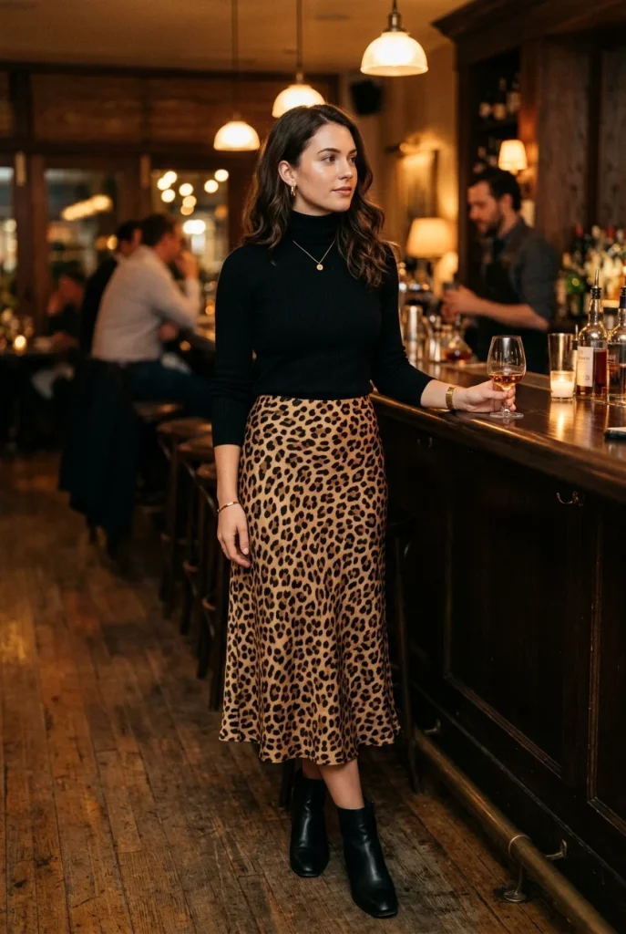 32 Fall Date Night Outfits That Feel Romantic, Cozy, and Chic 23 Leopard Skirt With a Black Sweater