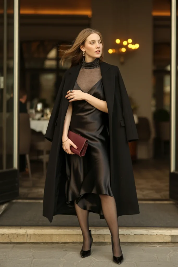 33 Winter Date Outfits That Feel Romantic, Warm, and Stunning 9 Long Black Coat Slip Dress and Tights