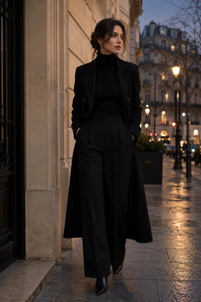 Long Black Coat Turtleneck and Wide Leg Trousers